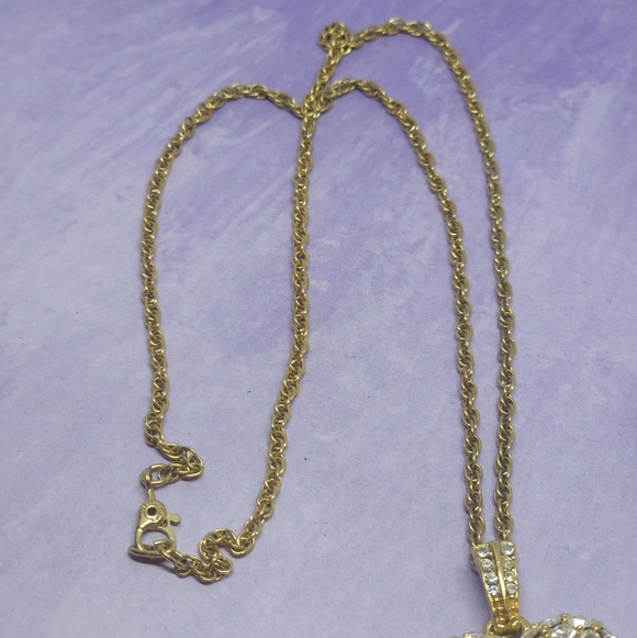 Vintage Monet Necklace GoldTone Puffy Heart Pendant Encrusted Rhinestones - Picture 3 of 7